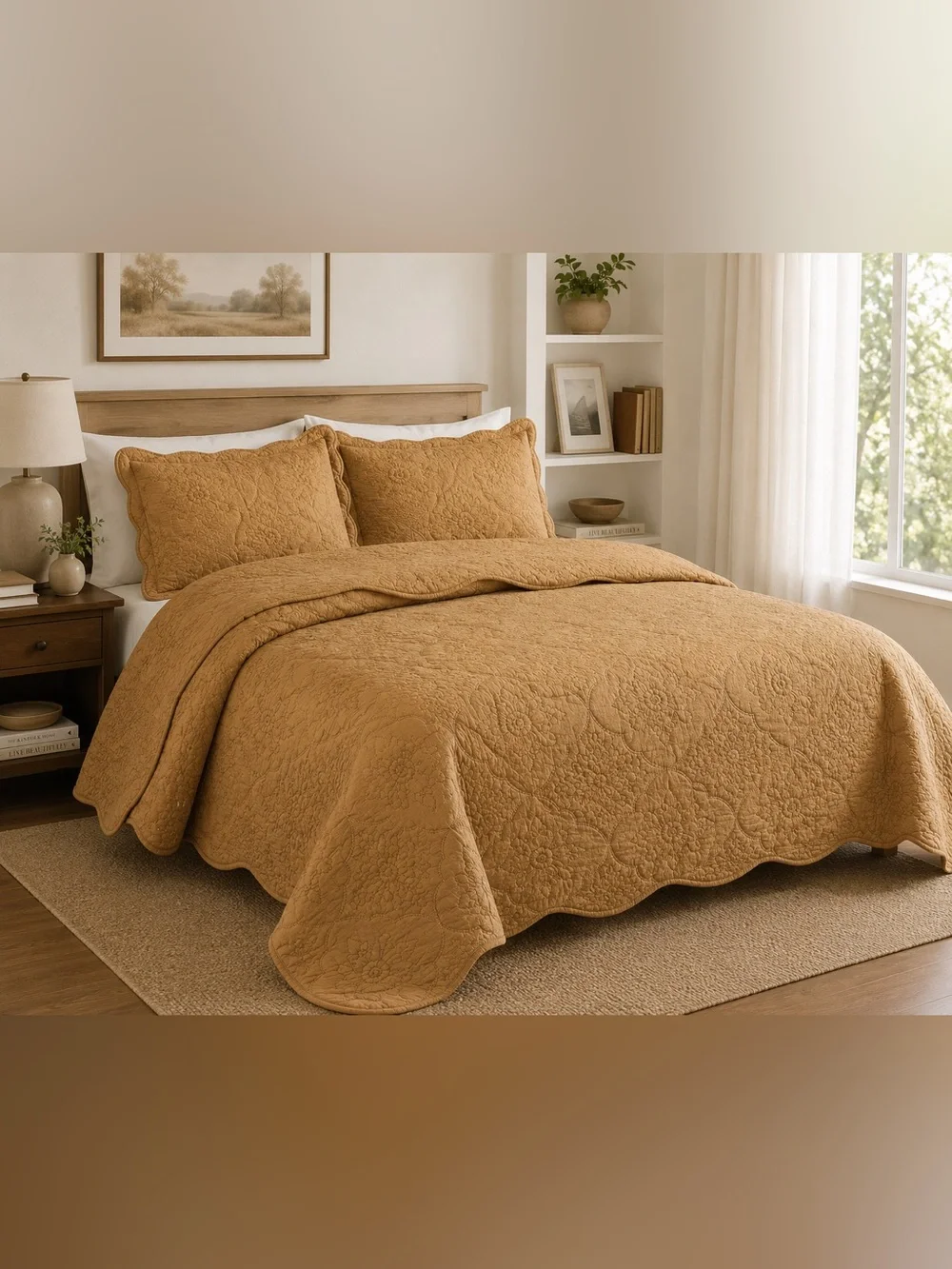 Quilted Bedspread Set in Gold - Elegant Floral Stitching
